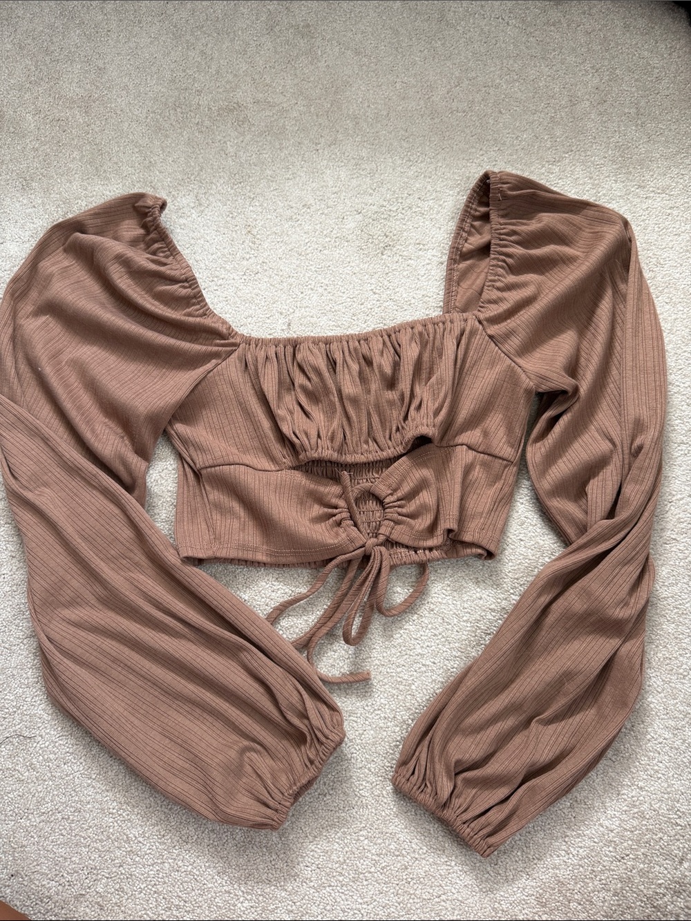 Brown Puff-Sleeve Ribbed Crop Top with Front Tie